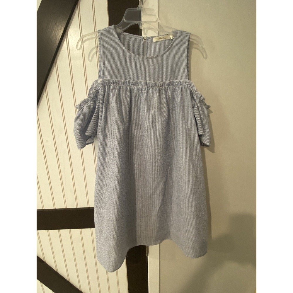 Andree By Unit Womens Seersucker Dress Cold Shoulder Blue White Striped Small